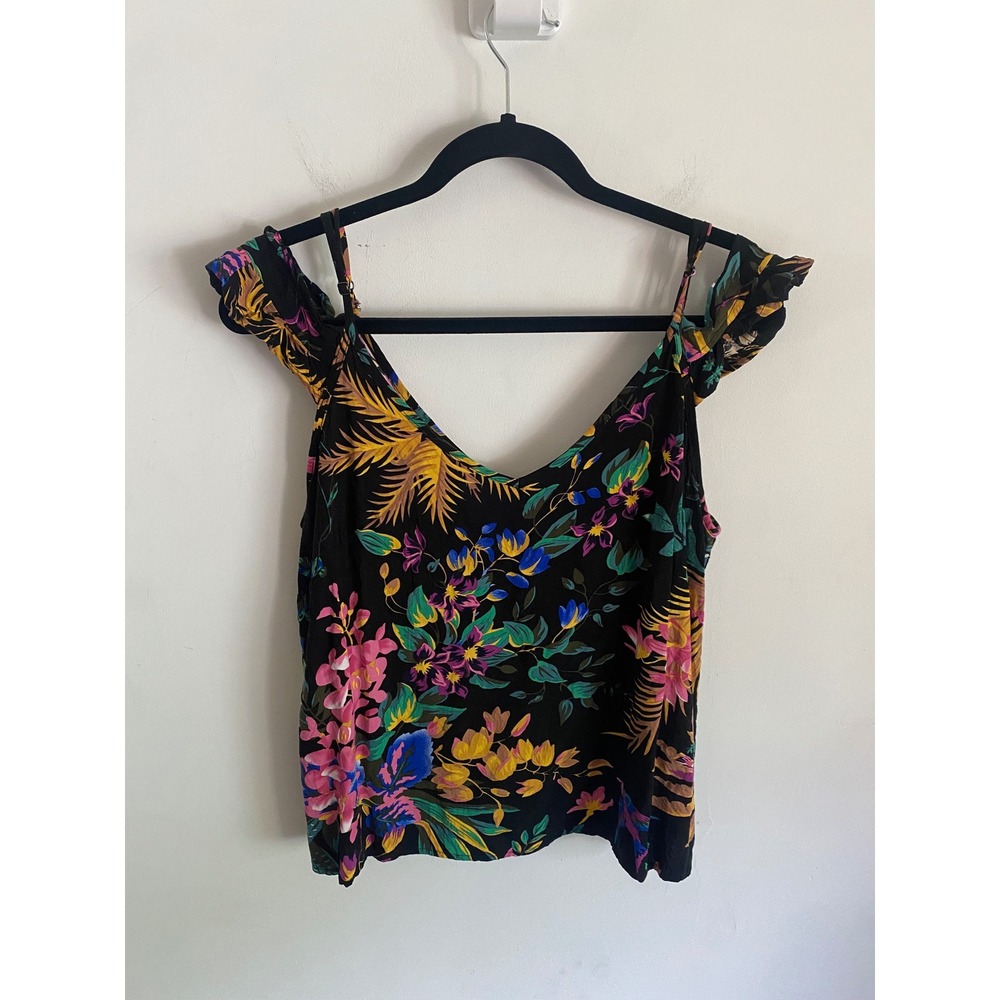 Cynthia Rowley Womens Large Black Tropical Floral Cold Shoulder Ruffle Top L